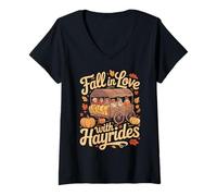 Mujer Fall In Love with Hayrides Autumn Leaves Pumpkins Harvest Camiseta Cuello V