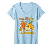 Mujer Fall In Love with Learning Cute Autumn Teacher Camiseta Cuello V