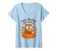 Mujer Fall in Love with Learning Cute Owl Autumn Design Camiseta Cuello V