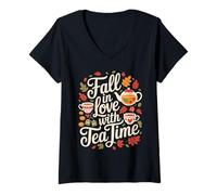 Mujer Fall In Love with Tea Time Autumn Leaves Camiseta Cuello V