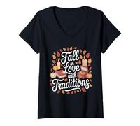 Mujer Fall In Love with Traditions Autumn Pumpkins Leaves Camiseta Cuello V