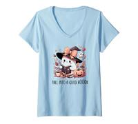 Mujer Fall Into a Good Book Cute Ghost Reading Lovers Books Coffee Camiseta Cuello V