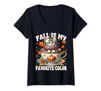 Mujer Fall Is My Favorite Color Kitten In Knitted Scarf Cute Cat Camiseta Cuello V