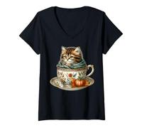 Mujer Fall Kitten In Floral Coffee Mug Knitted Scarf Cute Cat Camiseta Cuello V