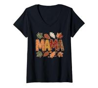 Mujer Fall Mama Patchwork Style Hojas de otoño Calabaza Camiseta Cuello V