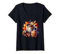 Mujer Fall Sweet Fall Coffee Mug with Walnuts Pancakes Cute Autumn Camiseta Cuello V