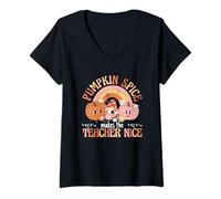 Mujer Fall Teacher Autumn Pumpkin Spice Hace Que el Maestro Sea Agradable Camiseta Cuello V