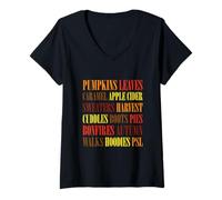Mujer Fall Vibes Word Art Cozy Autumn Leaves Pumpkins Sidra tee Camiseta Cuello V