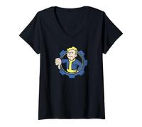 Mujer Fallout Vault Boy Thumbs Down Circle Gear Logo Video Game Camiseta Cuello V