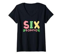 Mujer Familia de 6 años de edad Six Saurus Kids Dinosaur 6th Birthday Camiseta Cuello V