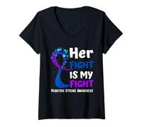 Mujer Familia de Cintas Azules y moradas para concienciación sobre Accidentes cerebrovasculares pediá Camiseta Cuello V