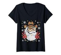 Mujer Familia de Fuentes Santa Cowboy Western Howdy Christmas Holiday Matching Camiseta Cuello V