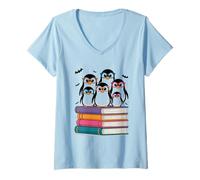 Mujer Familia de pingüinos en Libros con Gafas de Camiseta Cuello V