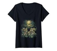 Mujer Familia de Rana con Coronas de Flores bajo la Luna Gráfico Camiseta Cuello V