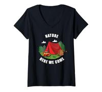 Mujer Family Camping Vacation Trip - Nature Here We Come Camiseta Cuello V