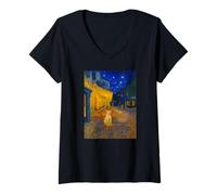 Mujer Famous Artist Painting Funny Cafe Terrace At Night With Cat Camiseta Cuello V