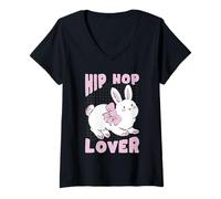 Mujer Fan de la música de Conejo Lindo Amante del Hip Hop Camiseta Cuello V