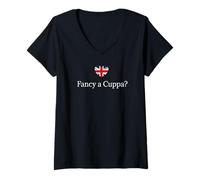Mujer Fancy A Cuppa? Camisa Divertida con Palabras británicas, Bandera de la Bandera de Reino Unido Camiseta Cuello V