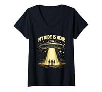 Mujer Fans de Las Naves espaciales Funny My Ride Is Here UFO Alien Believer Camiseta Cuello V