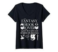 Mujer Fantasía amante de los libros dragones y diseño bibliófilo mágico Camiseta Cuello V