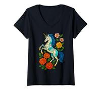 Mujer Fantasía Arte Ecuestre Geométrico Mosaico Floral Unicornio Camiseta Cuello V