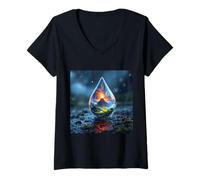 Mujer Fantasía Gota de lluvia Volcán Paisaje Camiseta Cuello V