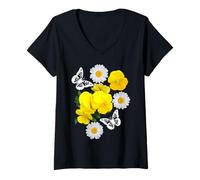 Mujer Fantasía Mariposa Blanca Margaritas Pensamientos Amarillo Formas Mania Camiseta Cuello V