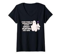 Mujer Fantasma Caza Vino Humor Paranormal Investigador Camiseta Cuello V