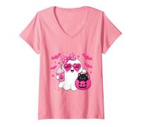 Mujer Fantasma de Halloween con Lazo Rosa sosteniendo café Helado con Gatito Gato Camiseta Cuello V