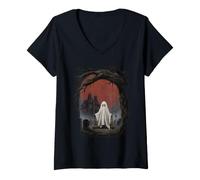Mujer Fantasma de Halloween Luna Llena Motivo de Misterio de Camiseta Cuello V