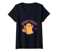 Mujer Fantasma de Temporada Espeluznante Halloween Calabaza murciélago Truco o Trato Camiseta Cuello V