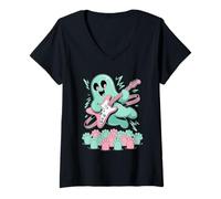 Mujer Fantasma Guitarrista Eléctrico Fantasma Kawaii Punk Camiseta Cuello V