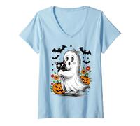 Mujer Fantasma Kawaii con Gato y Calabaza Halloween Camiseta Cuello V