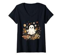 Mujer Fantasma Otoño Hojas Otoño Flor Silvestre Floral Halloween Camiseta Cuello V