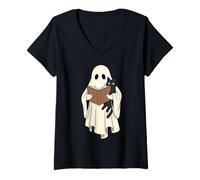 Mujer Fantasma Y Gato Negro Leyendo Halloween Camiseta Cuello V