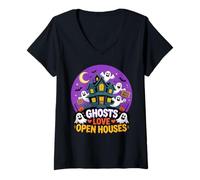 Mujer Fantasmas Amor Casas Abiertas Divertido Agente Inmobiliario Halloween Camiseta Cuello V