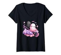 Mujer Fantasmas Kawaii En La Nube con Escoba Camiseta Cuello V