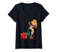 Mujer Fantasy Barbarian Pinup Woman Red Baby Dragon Tugging Skirt Camiseta Cuello V