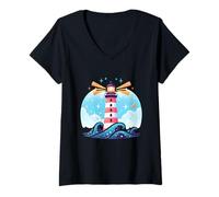 Mujer Faro a través de Las Olas Camiseta Cuello V