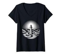 Mujer Faro Mar Costa Puerto Océano Marítimo Olas Luz Camiseta Cuello V