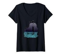 Mujer Faro marítimo brújula Barco de Vela Norte Camiseta Cuello V