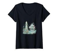 Mujer Faro Pastel Velero Flores Oceano Camiseta Cuello V