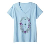 Mujer Fases Lunares Corona Botánica con Flores Violetas y Hojas Camiseta Cuello V