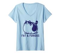 Mujer Fat and Furious Cat Camiseta Cuello V