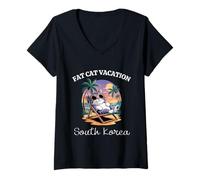 Mujer Fat Cat Vacation Corea del Sur Viajes Corea del Sur Camiseta Cuello V