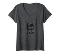 Mujer Fe, Esperanza, Amor, Cita inspiradora Cristiana, Ancla, corazón Camiseta Cuello V, Jaspeado Oscuro, L