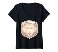 Mujer Fe Esperanza Amor Mujer Cristiana Floral Jesucristo Dios Niña Camiseta Cuello V