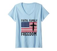 Mujer Fe Familia Libertad Bandera Americana Patriota Estados Unidos Cristiano Camiseta Cuello V