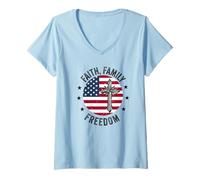 Mujer Fe Familia Libertad Bandera Americana Patriota Estados Unidos Cristiano Camiseta Cuello V