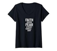 Mujer Fe sobre el Miedo Cada día Motivación inspiradora Camiseta Cuello V